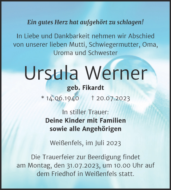 Traueranzeige von Ursula Werner von Trauerkombi Weißenfels