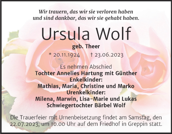 Traueranzeige von Ursula Wolf von Trauerkombi Bitterfeld
