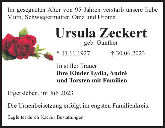 Traueranzeige von Ursula Zeckert von Volksstimme Staßfurt
