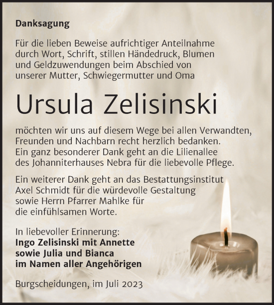 Traueranzeige von Ursula Zelinski von Wochenspiegel Naumburg/Nebra
