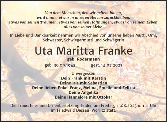 Traueranzeige von Uta Maritta Franke von Trauerkombi Wittenberg