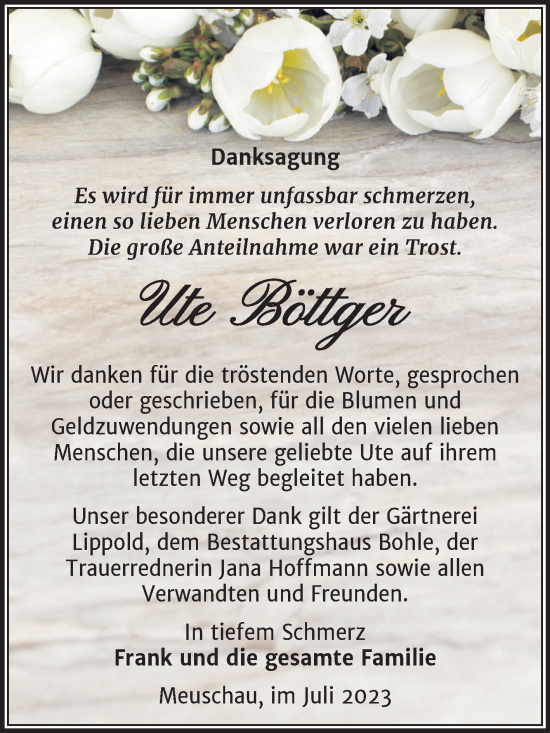 Traueranzeige von Ute Böttger von Trauerkombi Merseburg