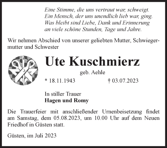 Traueranzeige von Ute Kuschmierz von Volksstimme Staßfurt