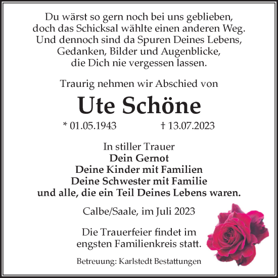 Traueranzeige von Ute Schöne von Volksstimme Schönebeck