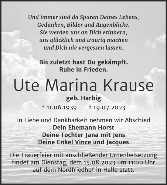 Traueranzeige von Ute Marina Krause von Mitteldeutsche Zeitung Halle/Saalkreis