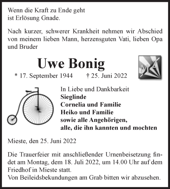 Traueranzeige von Uwe Bonig 