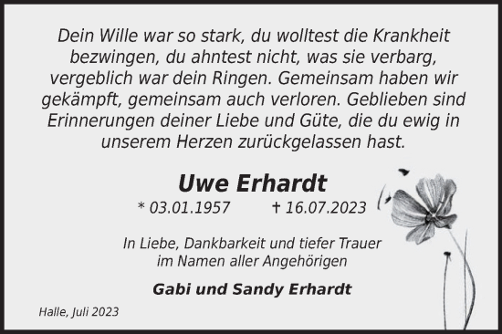Traueranzeige von Uwe Erhardt von Mitteldeutsche Zeitung Halle/Saalkreis