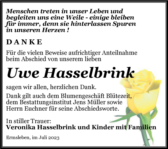 Traueranzeige von Uwe Hasselbrink von Trauerkombi Aschersleben