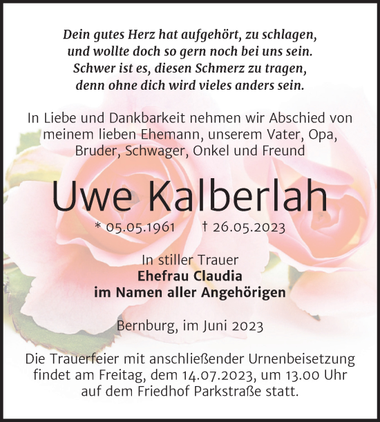 Traueranzeige von Uwe Kalberlah von Trauerkombi Bernburg