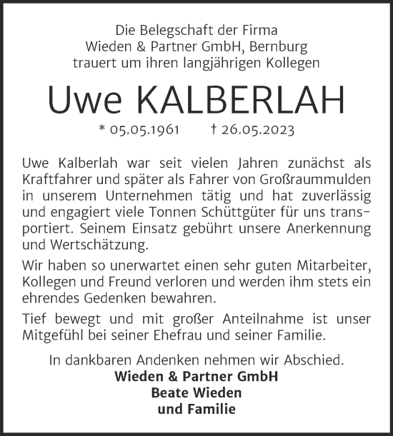 Traueranzeige von Uwe Kalberlah von Super Sonntag Bernburg