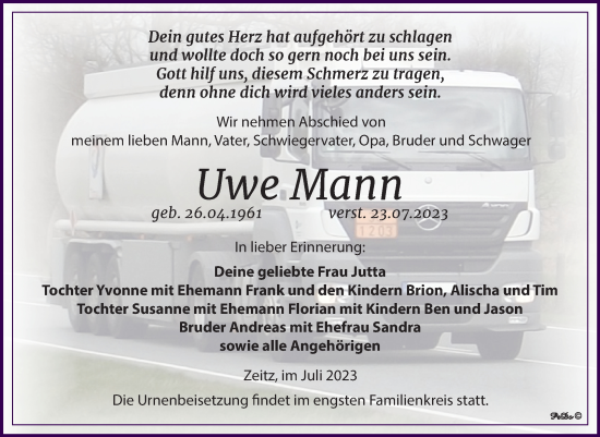 Traueranzeige von Uwe Mann von Trauerkombi Zeitz