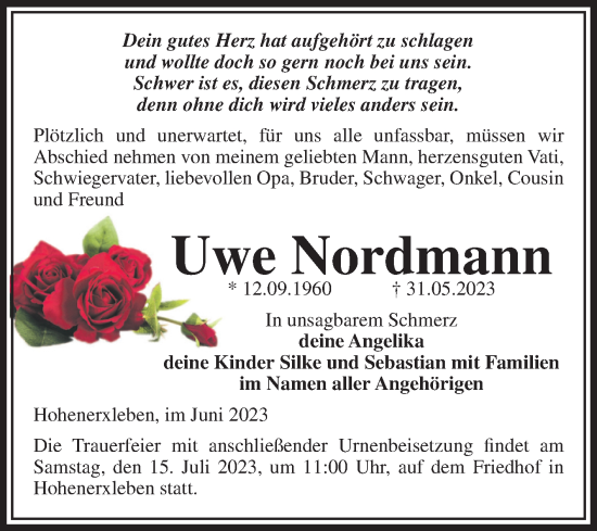Traueranzeige von Uwe Nordmann von Volksstimme Staßfurt