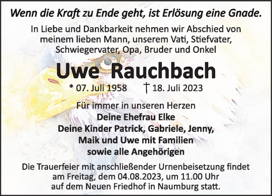 Traueranzeige von Uwe Rauchbach von Wochenspiegel Naumburg/Nebra