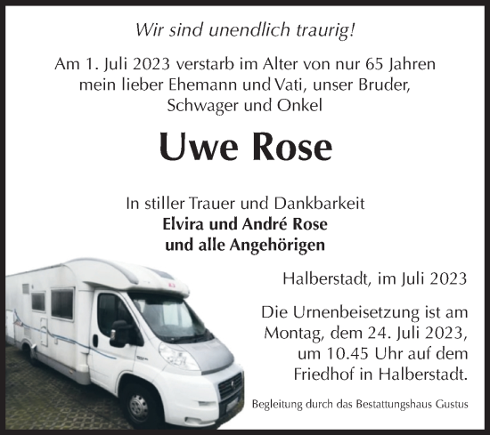 Traueranzeige von Uwe Rose von Volksstimme Halberstadt