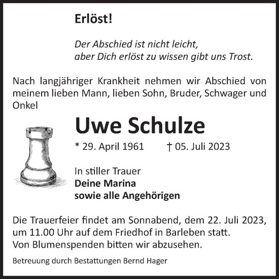 Traueranzeige von Uwe Schulze von Volksstimme Haldensleben/Wolmirstedt