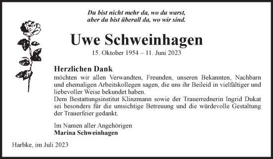 Traueranzeige von Uwe Schweinhagen von Volksstimme Oschersleben/Wanzleben
