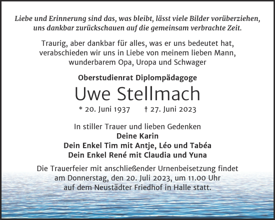 Traueranzeige von Uwe Stellmach von Mitteldeutsche Zeitung Halle/Saalkreis