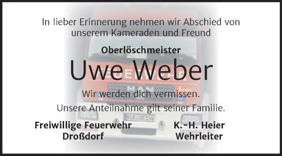 Traueranzeige von Uwe Weber von Trauerkombi Zeitz