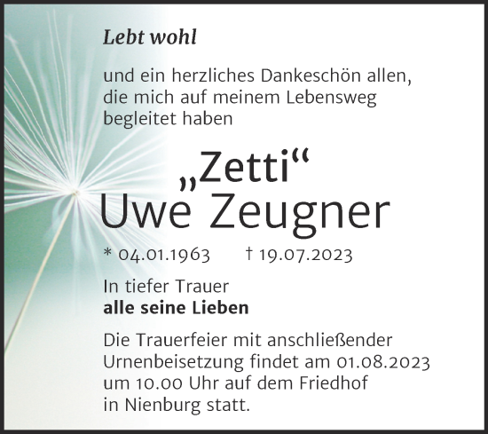 Traueranzeige von Uwe Zeugner von Trauerkombi Bernburg