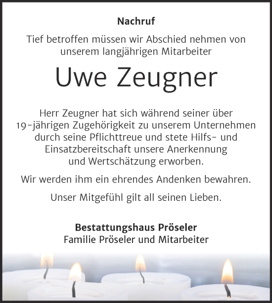 Traueranzeige von Uwe Zeugner von Super Sonntag Bernburg