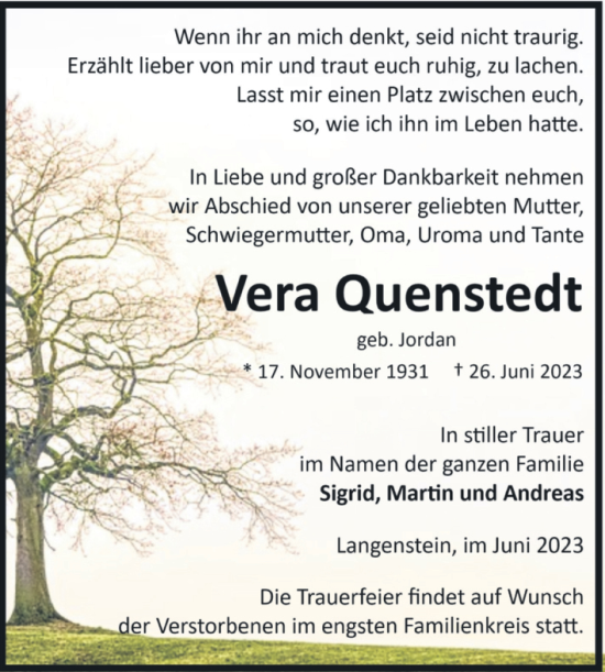 Traueranzeige von Vera Quenstedt von Volksstimme Halberstadt