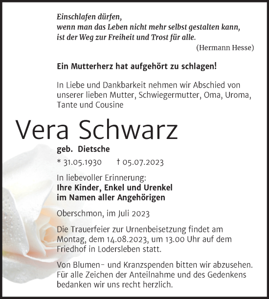 Traueranzeige von Vera Schwarz von Trauerkombi Merseburg