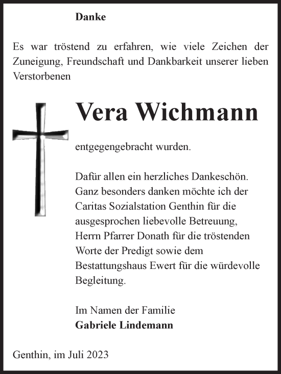 Traueranzeige von Vera Wichmann von Volksstimme Burg/Genthin