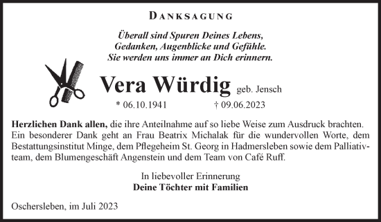 Traueranzeige von Vera Würdig von Volksstimme Oschersleben/Wanzleben