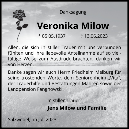 Traueranzeige von Veronika Milow von Volksstimme Altmark West