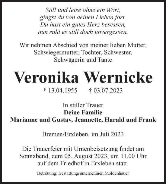 Traueranzeige von Veronika Wernicke von Volksstimme Altmark Ost