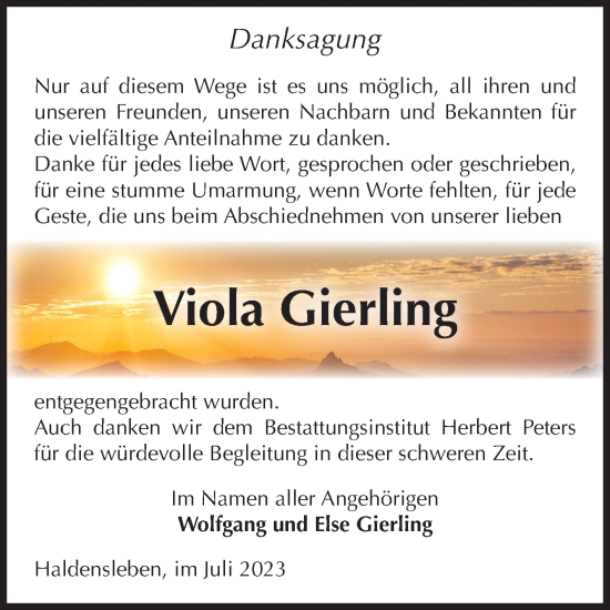 Traueranzeige von Viola Gierling von Volksstimme Haldensleben/Wolmirstedt