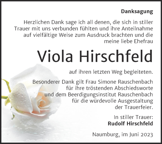 Traueranzeige von Viola Hirschfeld von Naumburger Tageblatt