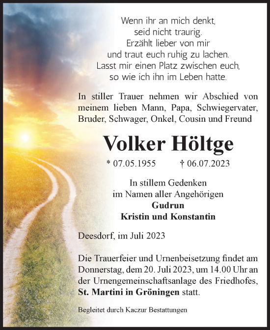 Traueranzeige von Volker Höltge von Volksstimme Halberstadt