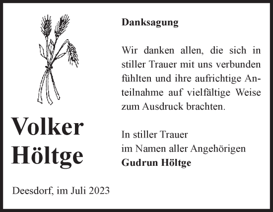 Traueranzeige von Volker Höltge von Volksstimme Oschersleben/Wanzleben