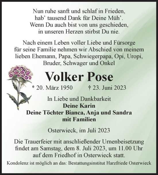 Traueranzeige von Volker Pose von Volksstimme Halberstadt