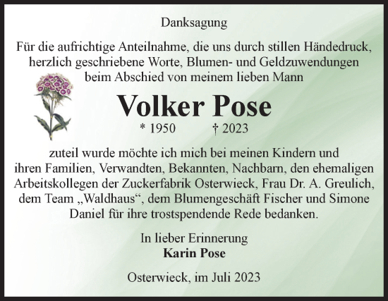Traueranzeige von Volker Pose von Volksstimme Halberstadt