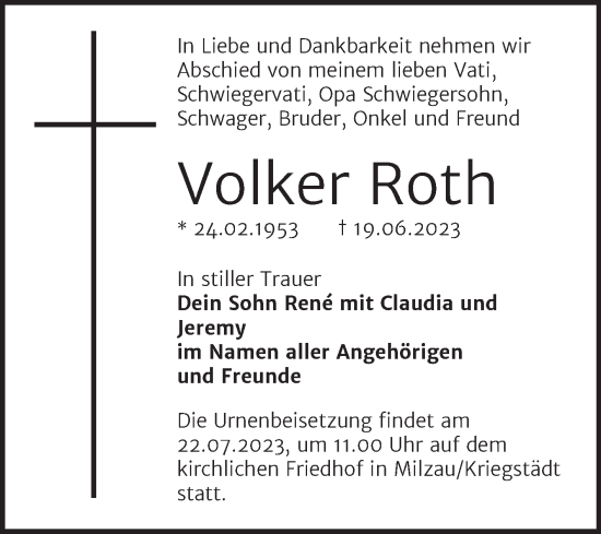 Traueranzeige von Volker Roth von Trauerkombi Merseburg