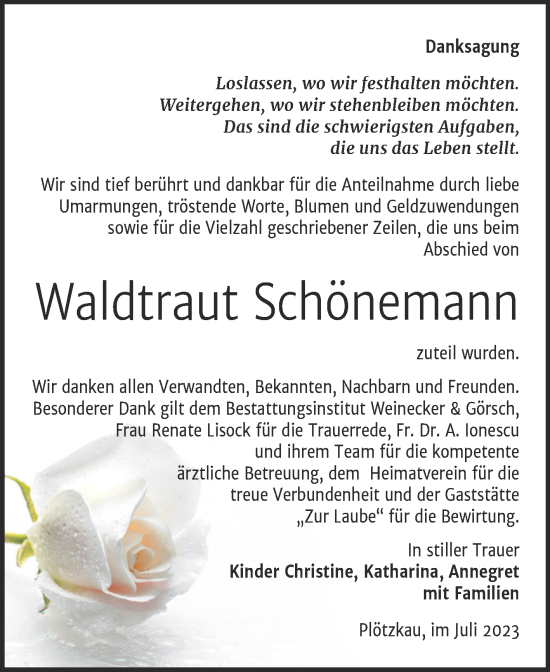 Traueranzeige von Waldtraut Schönemann von Trauerkombi Bernburg