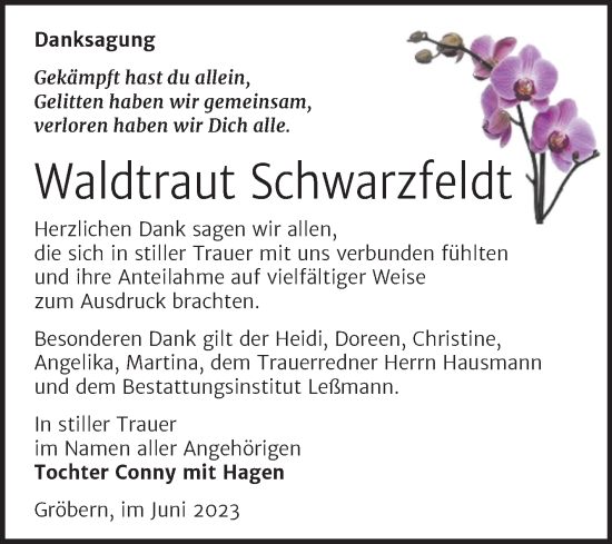 Traueranzeige von Waldtraut Schwarzfeldt von Trauerkombi Bitterfeld