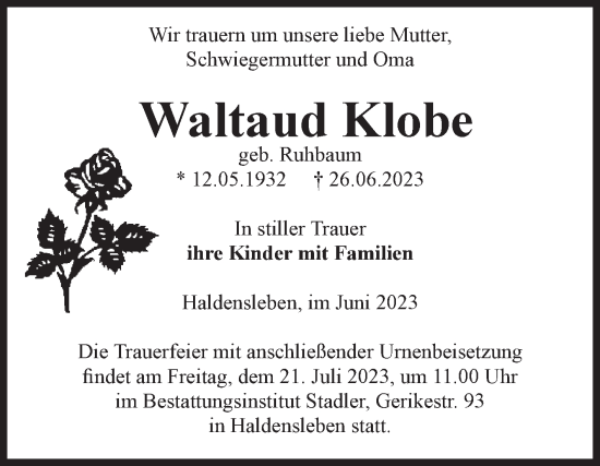 Traueranzeige von Waltaud Klobe von Volksstimme Haldensleben/Wolmirstedt