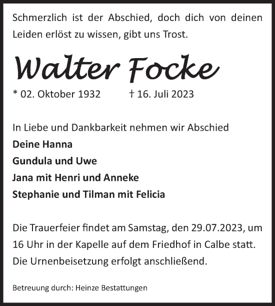 Traueranzeige von Walter Focke von Volksstimme Schönebeck