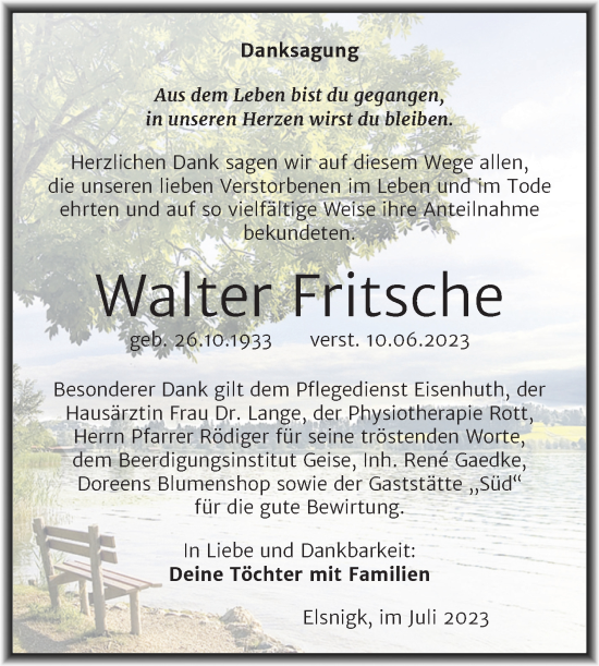 Traueranzeige von Walter Fritsche von Trauerkombi Köthen