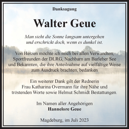 Traueranzeige von Walter Geue von Volksstimme Magdeburg