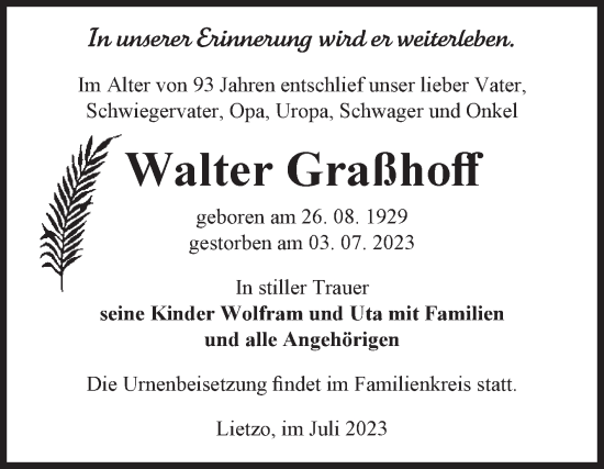 Traueranzeige von Walter Graßhoff von Volksstimme Zerbst