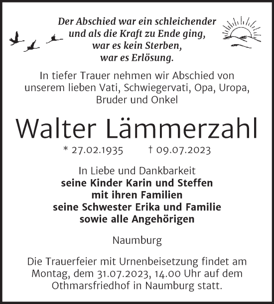Traueranzeige von Walter Lämmerzahl von Naumburger Tageblatt