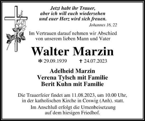 Traueranzeige von Walter Marzin von Trauerkombi Wittenberg