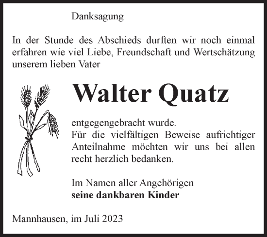 Traueranzeige von Walter Quatz von Volksstimme Haldensleben/Wolmirstedt