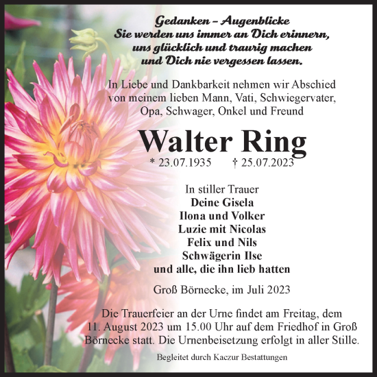 Traueranzeige von Walter Ring von Volksstimme Staßfurt
