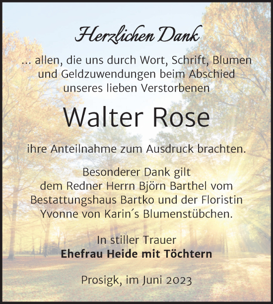 Traueranzeige von Walter Rose von Trauerkombi Köthen