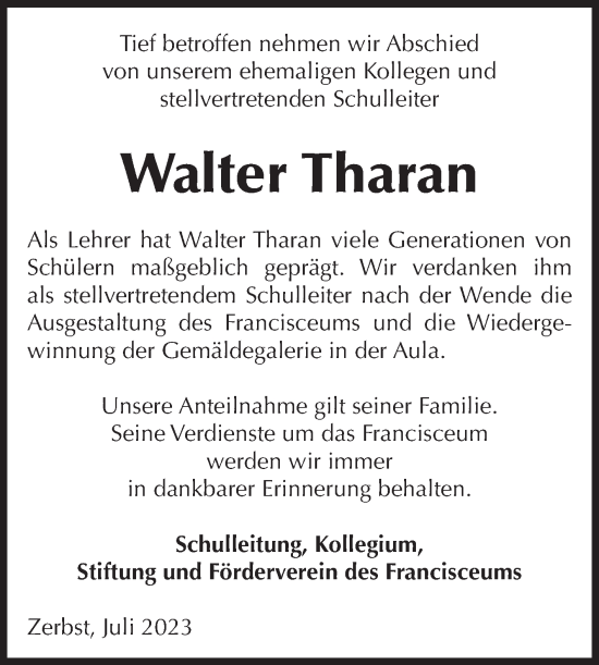 Traueranzeige von Walter Tharan von Volksstimme Zerbst